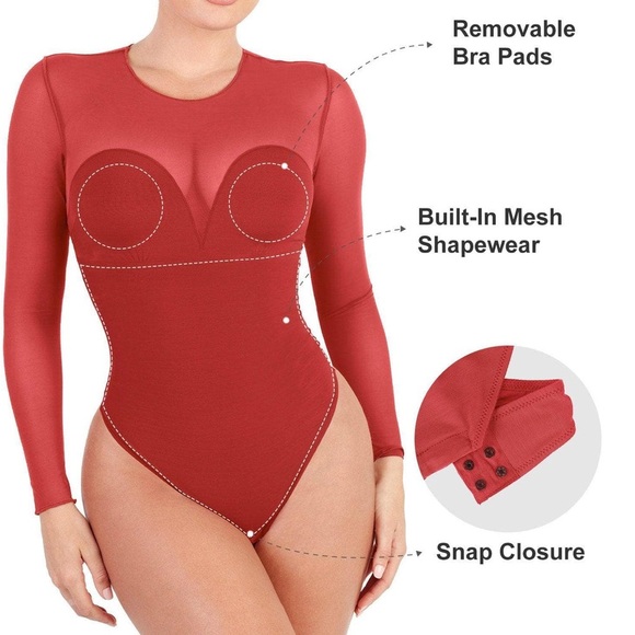 XL Popilush Red Shapewear Illusion Mesh Long Sleeve Tummy Control Bodysuit - Picture 2 of 10